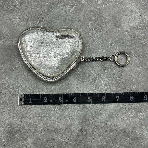 Saint Laurent YSL Metallic Silver Leather Heart Coin Purse with Key Chain - Picture 14 of 15